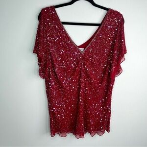 Papell Boutique Red Silk Beaded And Sequins Evening Top Size 2X